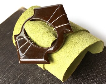 Chocolate Mint Leather Wrap Cuff Bracelet with Vintage Bakelite Buckle, EcoFriendly, Adjustable Size, Wristband, Armband, Seattle Handmade
