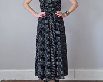 90s dress / black & white polka dot midi maxi rayon sleeveless sundress (xs - s)