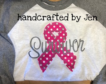 Survivor awareness ribbon Raglan Shirt "raggy" embroidery breast Cancer