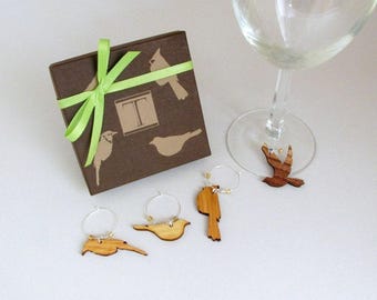 Bird Wine Charm Gift Box Set - Made from Sustainable Harvest Wisconsin Wood . Timber Green Woods
