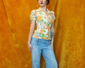 Vintage 50's Sheer White Flower Pattern Short Sleeve Blouse/ Sheer Cream Orange Floral Pattern Blouse with Orange Buttons/