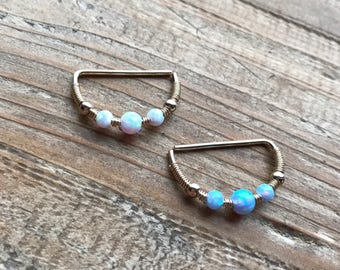 Pair-White/light blue fire opal Nipple rings jewelry-14k gold filled body jewellery-gift for her