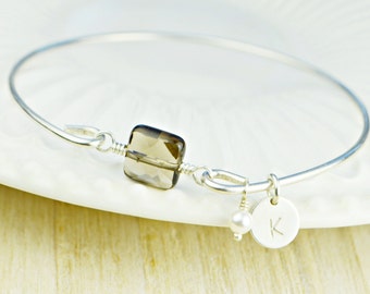 Square Smoky Quartz Bangle Bracelet- Initial and Zodiac Personalized Sterling Silver Filled Wire Wrapped Bracelet- Custom Made to Size