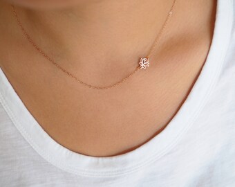 Dainty Rose Gold Necklace, Rose Gold Lotus Necklace, Sideways Lotus Necklace, Gift for Her