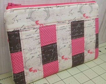 Pink and Gray Antlers Patchwork Zippered Pouch
