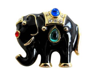 Gold Tone, Enamel & Rhinestone Figural Indian Elephant Brooch Pin