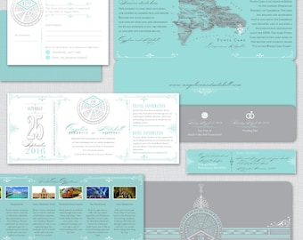 ANGELICA Vintage Inspired Boarding Pass Invite Suite, Airline Plane Ticket, Teal and Charcoal Gray, Travel Inspired Wedding Invitation,