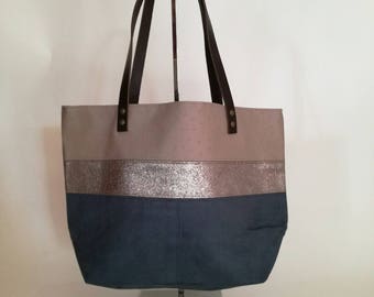 Teal taupe and suede leather handbag