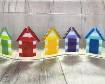 Fused Glass Art, Beach Hut Art, Beach Decor, Tea Light Holder, Rainbow Glass, Beach Theme, Beach Art, Candle Holder, Glass Art, Seaside Art