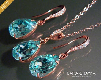 Light Turquoise Rose Gold Jewelry Set Teal Pink Gold Earrings&Necklace Bridal Set Swarovski Turquoise Crystal Set Prom Jewelry Bridesmaids