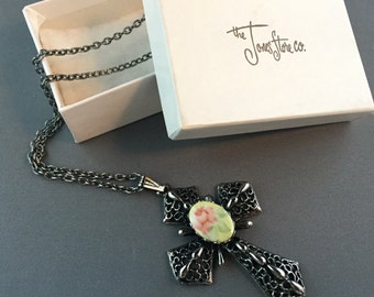 Dark Silver Cross Necklace - Large Ornate Vintage Silver Tone Cross Necklace Rose Center - Crucifix - Vintage Jewelry Costume Jewelry