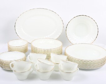 Vintage 1955 Anchor Hocking, 43 Pieces "Suburbia" "Golden Anniversary" Swirl Scallop 22K Gold Edged Milk Glass Dinnerware, Ovenproof.
