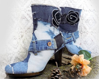 unique boots - Denim boots - Boho boots - blue jean boots - funky boots - Hippie boots size 8 -groovy boots- women's boots size 8- # B 3