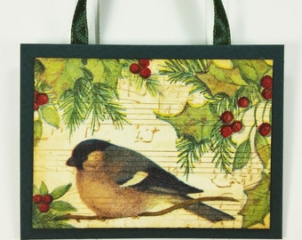 Winter Finch Ornament, Wild Bird on Branch with Holly Berries Christmas Holiday Decor