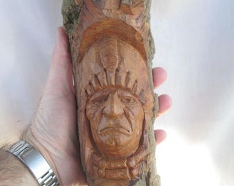 Native American War Chief Wood Carving, One of a Kind, Gift for him, Art, Rustic Log Cabin Decor, Hand carved in Missouri