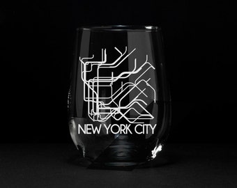 New York City, NYC Wine Glass, NYC Subway, NYC Subway Etched Glass, New York City Subway Wine Glass, New York City Subway