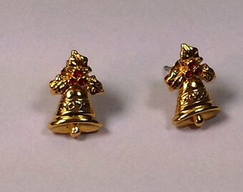 Vintage Gold Tone Christmas Bell with Red Holly Berries Pierced Earrings