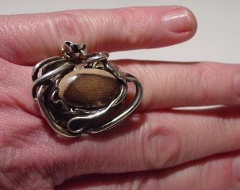 Large Studio Brutalist Sterling Artisan Petrified Wood Ring