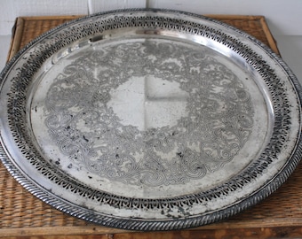large silver tray, large round silver tray, silver serving tray, rustic silver tray, WM Rogers tray