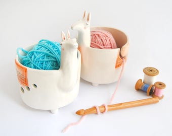 Ceramic Yarn Bowl, Llama Shape. Ceramic Knitting Bowl, Llama Crochet Bowl with orange Blanket. Ready To Ship