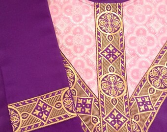 Dark Purple Neo-Gothic Chasuble & Stole Set. Embellished with Purple/Gold Galloon, Y-Cross front and Back, Rose Brocade feature.