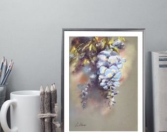 Blooming Wisteria Soft Pastels Painting, Flowers painting, Original Painting, floral botanical painting of blue purple flowers