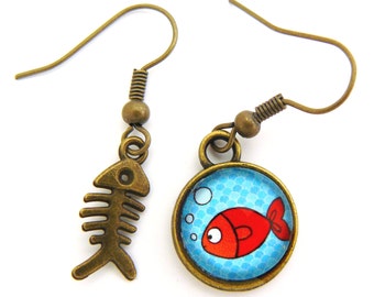 Little red fish and fish bone cabochons earrings