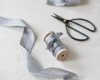 Gray Hand-Dyed Silk Ribbon (with Wooden Spool) - 5 yards - 1.25" wide