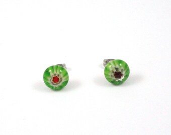 Green Millefiori Stud Earrings - Surgical Steel Earrings