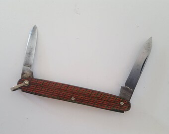 Antique pocket watch knife, Hibbard Spencer Bartlett & Co no. 2950 2 blades, "Christmas Tree" scales, red, green, gold early 1900's