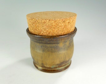 Ceramic salt cellar sugar bowl, pottery salt jar, stoneware sugar bowl, kitchen sugar jar, ceramic salt box jar with cork lid, brown glaze