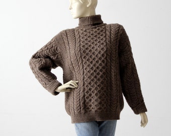 vintage Irish wool sweater, brown chunky knit turtleneck jumper