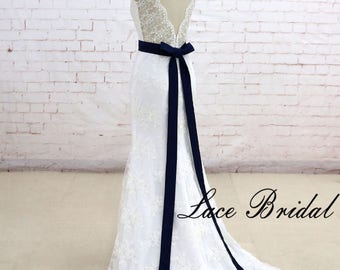 Classic Lace Wedding Dress Mermaid Wedding Dress with Sheer Back Bataeu Neckline Bridal Gown with Ribbon