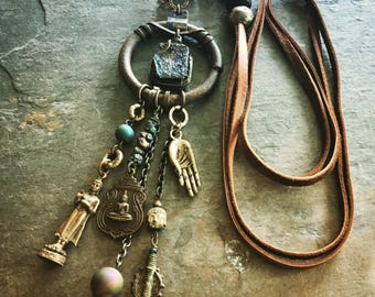 Tribal Druzy Buddhist Temple Amulets Assemblage Necklace