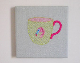 Flamingo Teacup Wall Art. Hand Embroidery.