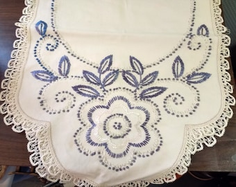 Beautiful Vintage Blue Embroidered Table Runner Dresser Scarf