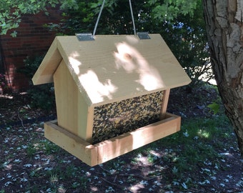 Handmade Solid Wood Cedar Bird Feeder, Cedar Bird Feeder, Hanging Bird Feeder