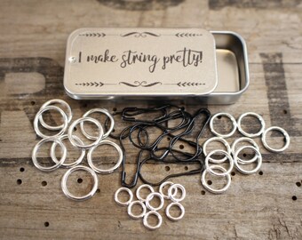 Snag Free Stitch Marker Sliding Tin Collection, I Make String Pretty!- Coiless Locking Bulb and Snag Free Stitch Markers, Knitting Gifts