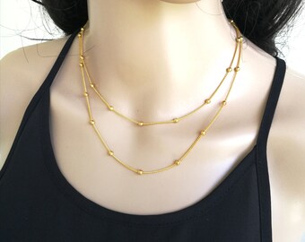 Double Strand Necklace, Double Satellite Necklace, Dainty Gold Necklace, Delicate Gold Necklace, Gold Layer Necklace, Layering Necklace