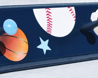 Sports theme coat rack for boys room on navy blue with baseball basketball football soccer sports balls 24" peg rack for kids room or entry