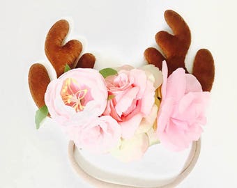 reindeer headband, reindeer flower headband,reindeer flower crown,glitywr reindeer headband,brown reindeer headband,reindeer ears,girl ears