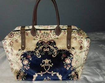 Weekend/Overnight Handmade Blue and Gold Coloured Plush Persian Style Carpet Bag/Mary Poppins Bag
