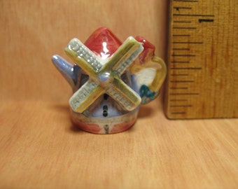 FANCIFUL TEAPOT Windmill Holland Denmark International Travel Souvenir - French Feve Feves Porcelain Doll House Miniatures D106