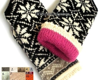 Double Mittens Hand Knitted White Black Double Mittens Wool Mittens with Lining Warm Gloves with Lining Winter Mittens Patterned Mittens