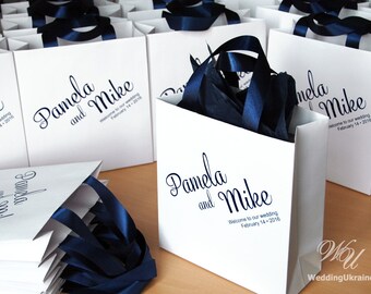 Wedding Welcome Bags with navy satin ribbon and names - Elegant Personalized Paper Bag - White and Navy Blue - Custom Wedding Gift bags