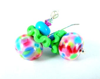 Colorful Pastel Ruffle Dangle Earrings, Pink Blue Green Glass Earrings, Fun Jewelry, Whimsical Earrings, Lampwork Earrings, Funky, Playful