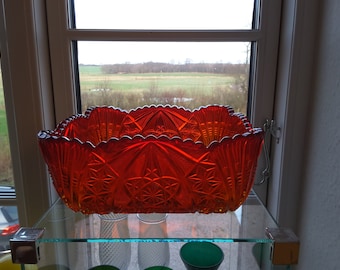 Unusual Brockwitz Square Bowl Antique Ruby Red Curved Star Pressed Glass. Made in Germany.