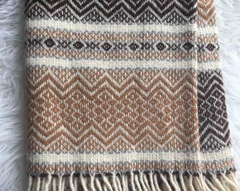 Vintage Neutral Mid Century Mesa Wool Blanket with Fringe