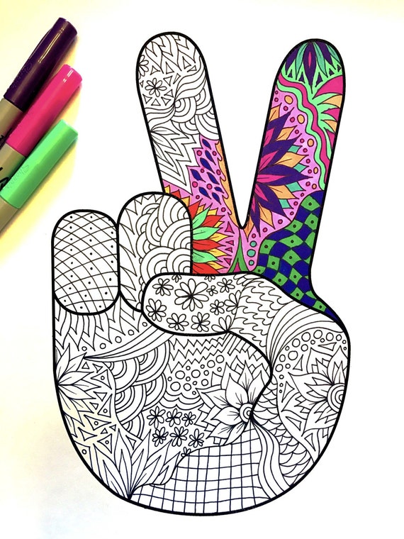 Peace Hand Sign PDF Zentangle Coloring Page