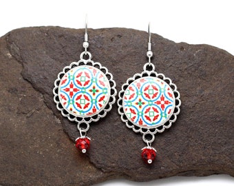 Bohemian red earrings, portuguese tile earrings, vintage dangle earrings, azulejo, Portugal, anniversary gift for mom, gift for wife